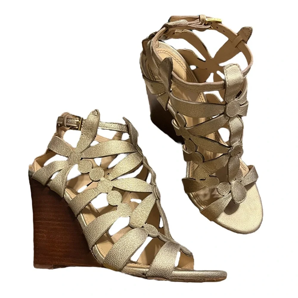 Tory Burch Gold Floral Wedge Sandals